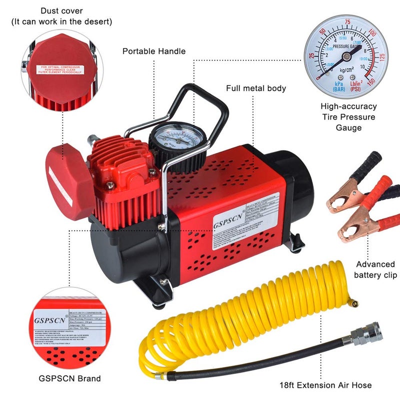 GSPSCN Portable 12V Air Compressor Pump, 150PSI Red Tire Inflator, Heavy Duty Auto Air Pump,for Car, Truck, RV, ATV, Bike,Balls,Lawn Mower and Other Inflatables - Image 2